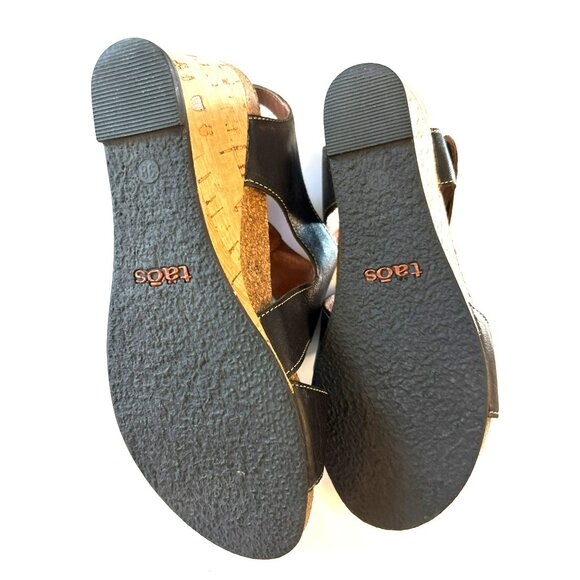 Taos Black Leather Carousel Wedge Sandals W/Cork Heel Size 38 US 8 - Picture 5 of 9